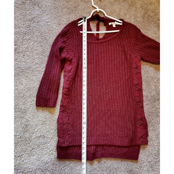 Lauren Conrad L Burgundy Split Hem Sweater Lace Trim Tie Back Neck - Picture 4 of 5